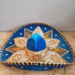 Vintage Authentic Salazar Yepez Mexican Mariachi Hat Velvet Teal Blue Gold
